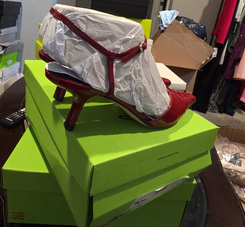 Sam Edelman Red Patent Leather T-Strap Pointed Flats - Picture 11 of 12